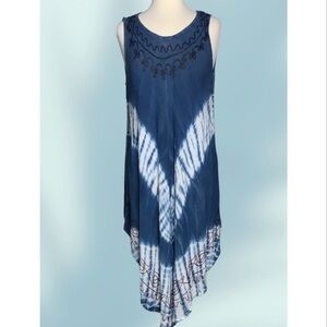 Emily Tracy Distressed Blue Tie Dye Sleeveless Embroidered Dress Swim Cover OS